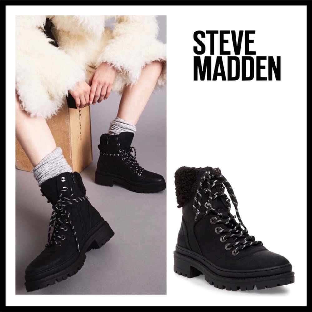 ❗️6-HOUR SALE❗️STEVE MADDEN ANKLE BOOTS BLACK LACE UP LEATHER BOOTIES A2C - Picture 1 of 12